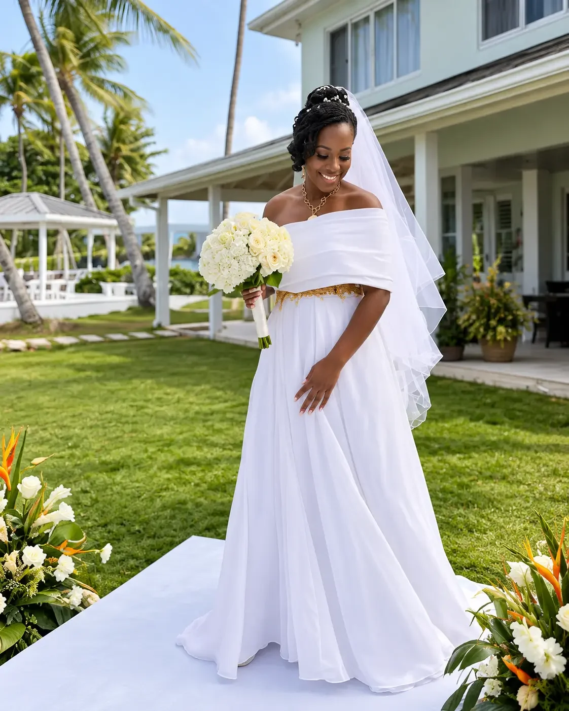 Off-the-shoulder white bridal gown with gold waist detailing