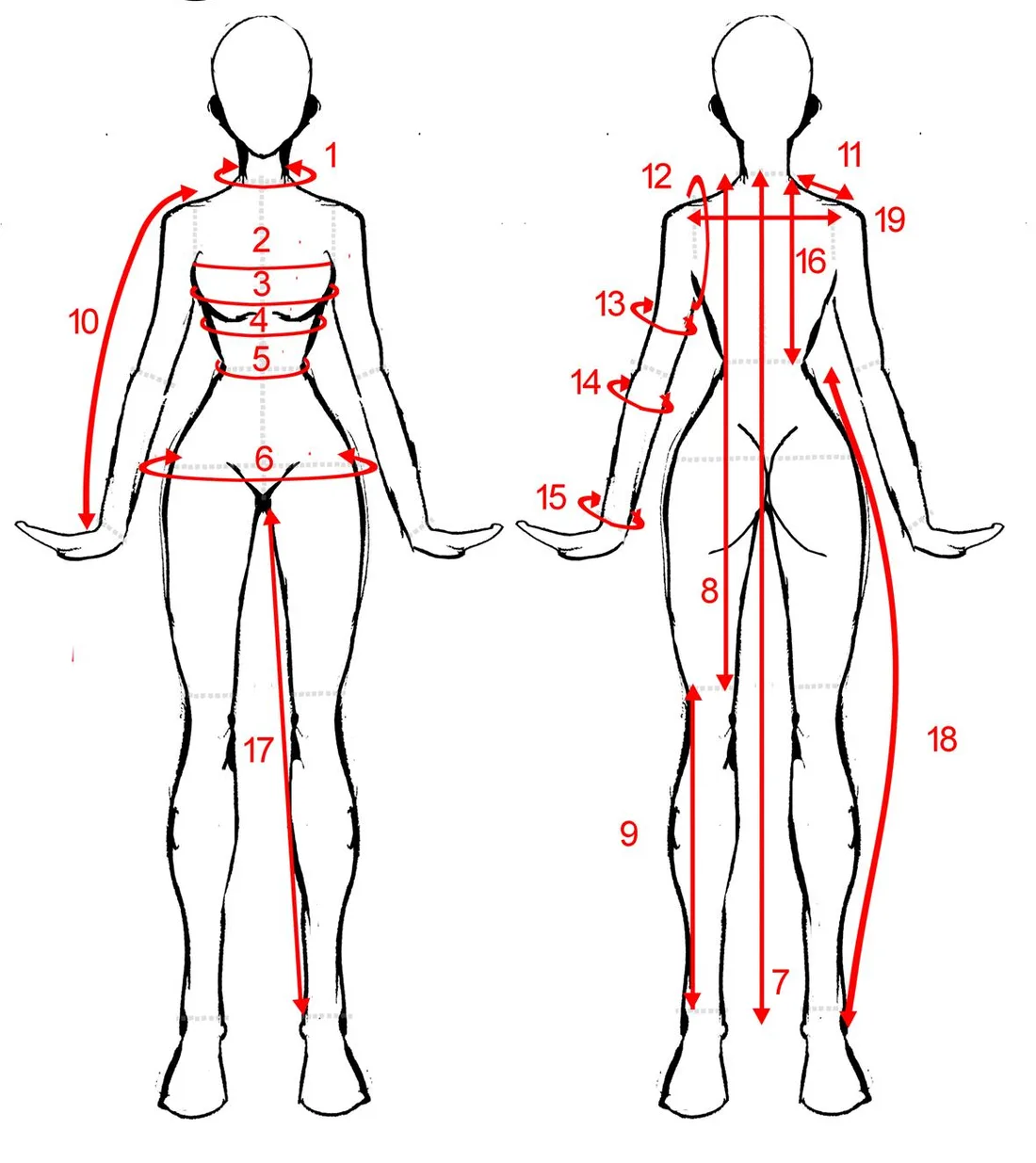 Numbered front and back body diagram showing where each measurement is taken