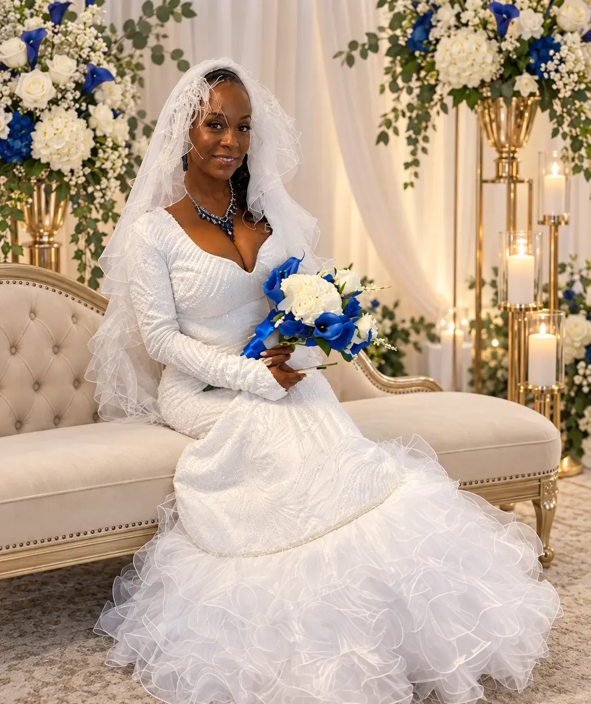 Long-sleeved beaded bridal gown against white, gold, and blue florals